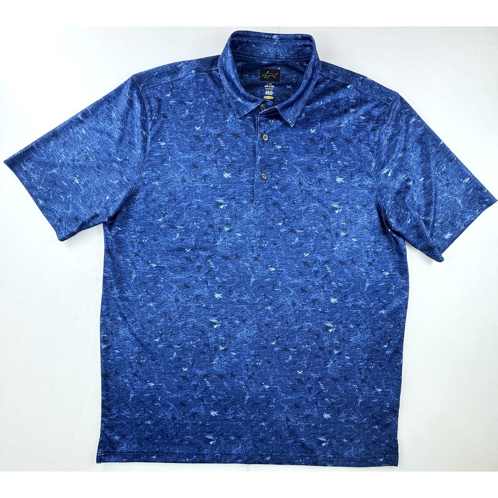 Greg Norman Polo Shirt Mens Large L Blue Shark Print ML75 Play Dry TL115400 Golf